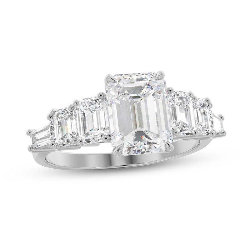 Main Image 1 of 2-1/2 CT. T.W. Emerald-Cut and Baguette Diamond Seven Stone Graduated Engagement Ring in 14K White Gold