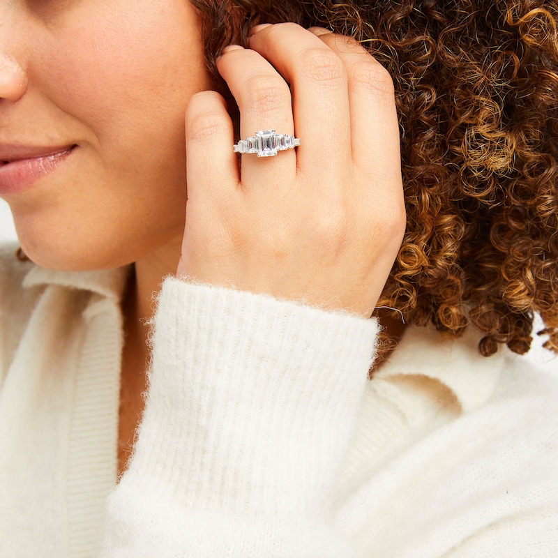 Main Image 2 of 2-1/2 CT. T.W. Emerald-Cut and Baguette Diamond Seven Stone Graduated Engagement Ring in 14K White Gold