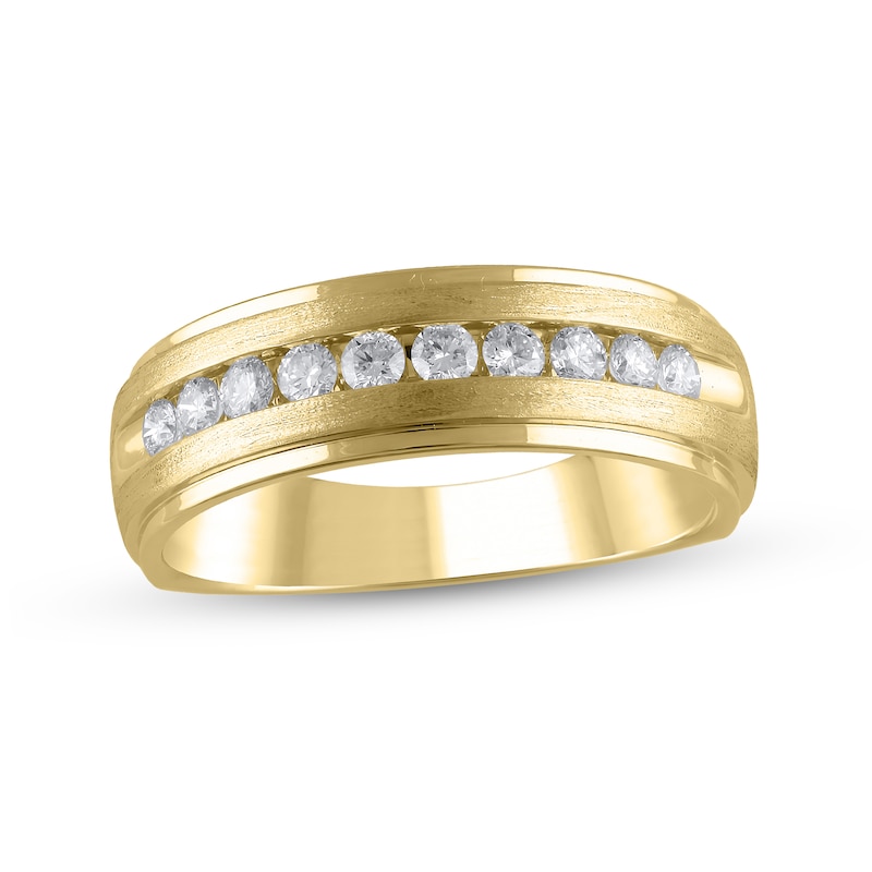 Main Image 1 of Men's 1/2 CT. T.W. Diamond Ten Stone Satin Stepped Edge Channel Band in 10K Gold