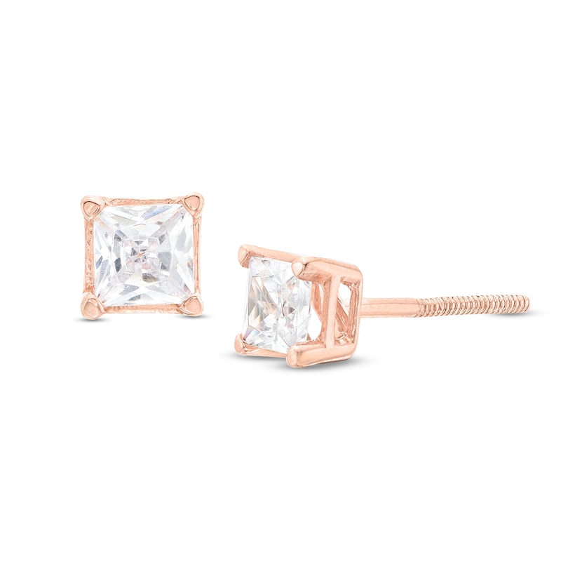 Main Image 1 of 1/2 CT. T.W. Certified Princess-Cut Lab-Grown Diamond Solitaire Stud Earrings in 14K Rose Gold (F/SI2)
