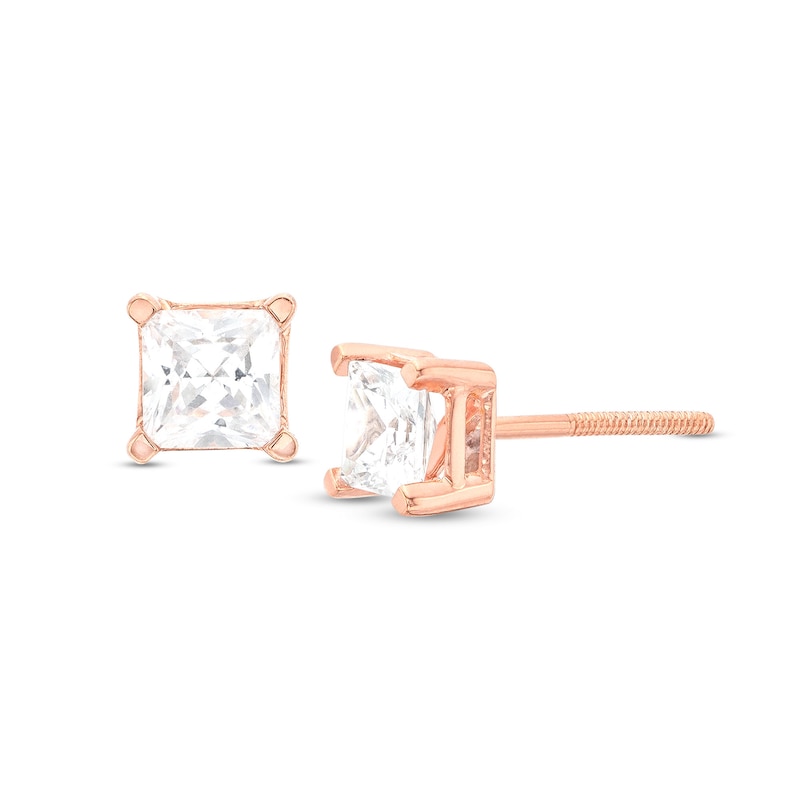 Main Image 1 of 1 CT. T.W. Certified Princess-Cut Lab-Grown Diamond Solitaire Stud Earrings in 14K Rose Gold (F/SI2)