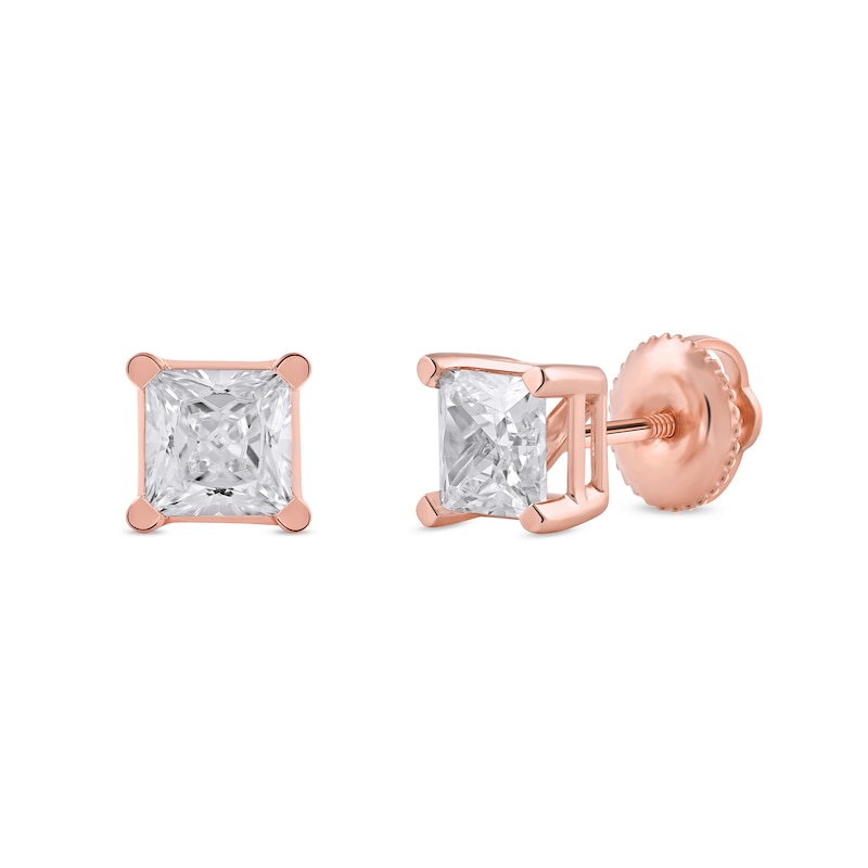 Main Image 1 of 1-1/2 CT. T.W. Certified Princess-Cut Lab-Grown Diamond Solitaire Stud Earrings in 14K Rose Gold (F/SI2)