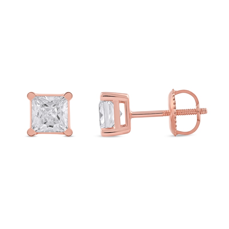 Main Image 2 of 1-1/2 CT. T.W. Certified Princess-Cut Lab-Grown Diamond Solitaire Stud Earrings in 14K Rose Gold (F/SI2)