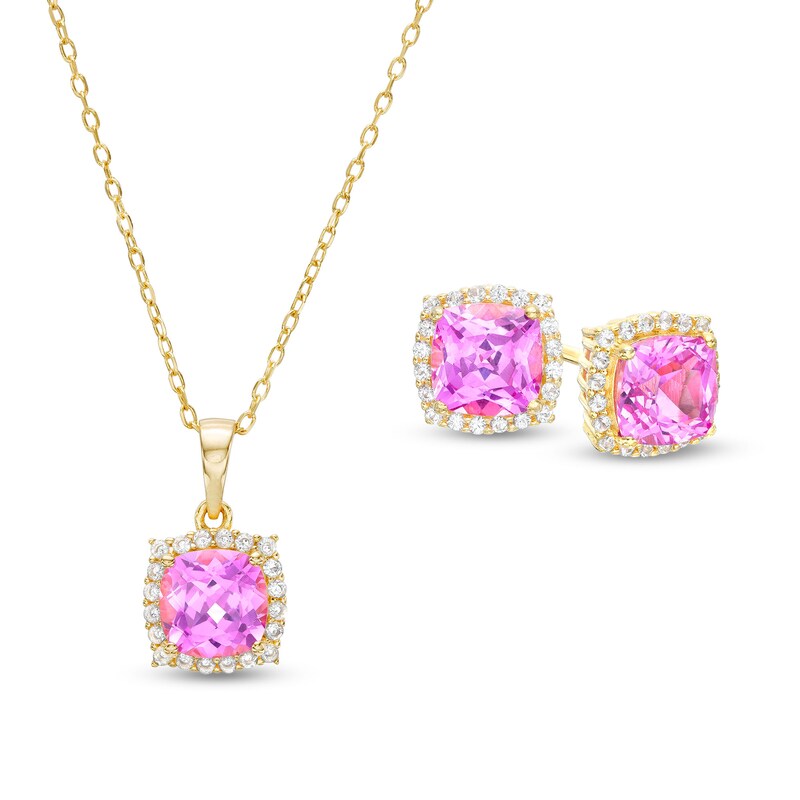 Main Image 1 of Cushion-Cut Pink and White Lab-Created Sapphire Pendant and Stud Earrings Set in Sterling Silver with 18K Gold Plate