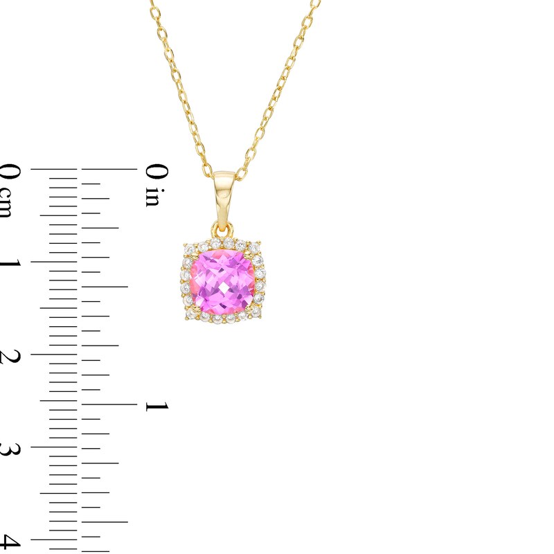 Main Image 3 of Cushion-Cut Pink and White Lab-Created Sapphire Pendant and Stud Earrings Set in Sterling Silver with 18K Gold Plate