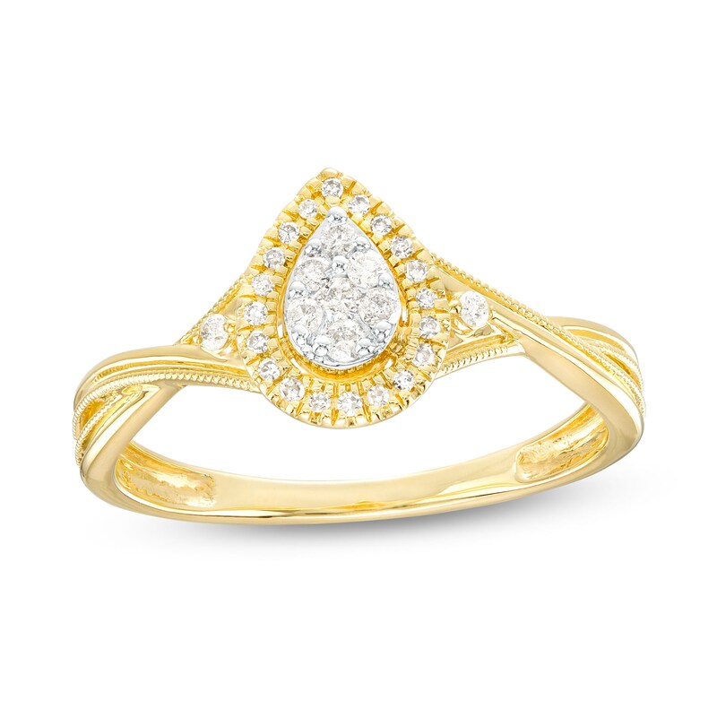 Main Image 1 of 1/6 CT. T.W. Pear-Shaped Multi-Diamond Frame Vintage-Style Twist Shank Ring in 10K Gold