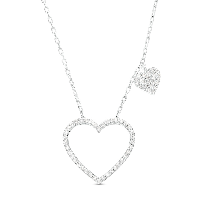 Main Image 1 of 1/4 CT. T.W. Diamond Heart Outline with Heart Dangle Station Necklace in 10K White Gold