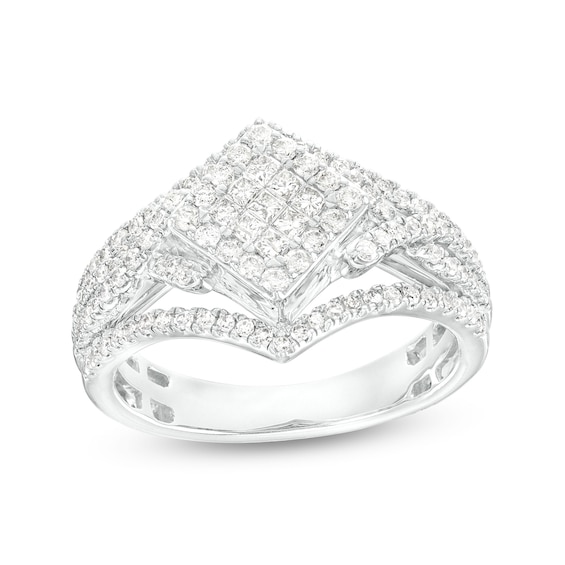 3/4 CT. T.w. Tilted Princess-Cut Multi-Diamond Frame Ornate Ring in 10K White Gold
