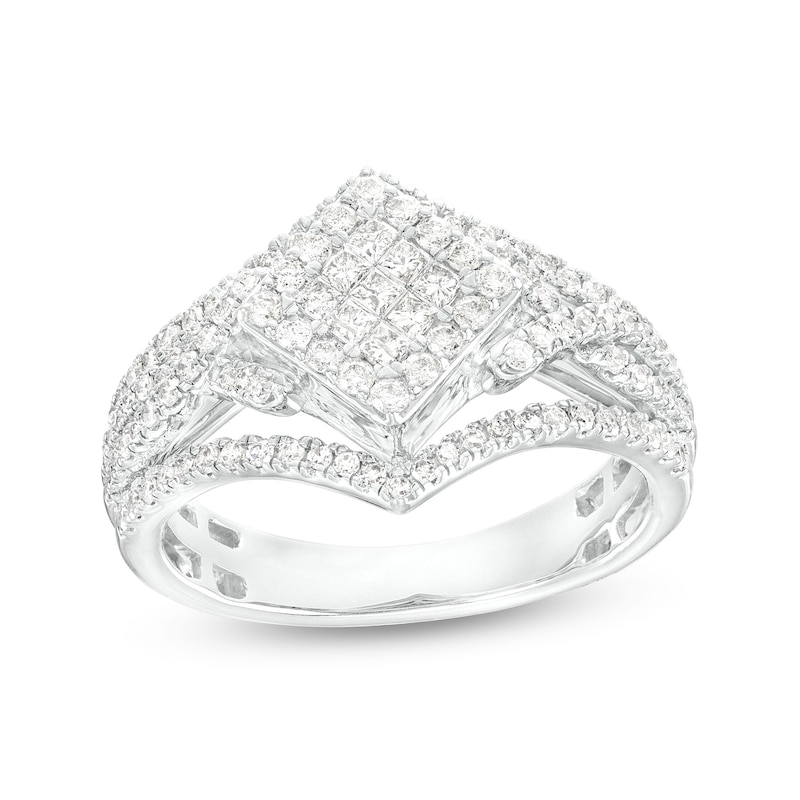 Main Image 1 of 3/4 CT. T.W. Tilted Princess-Cut Multi-Diamond Frame Ornate Ring in 10K White Gold