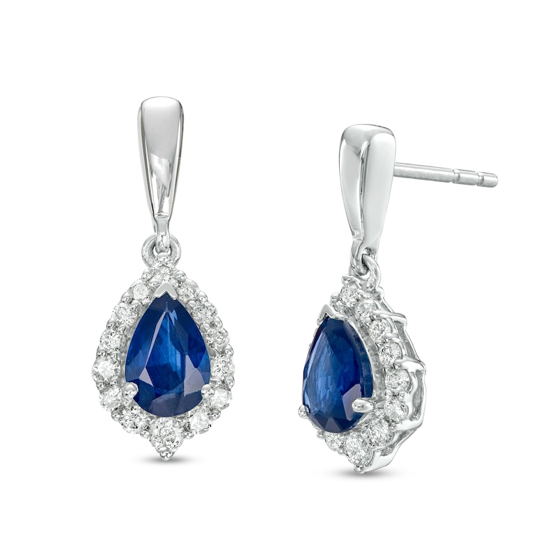 Main Image 1 of Pear-Shaped Blue Sapphire and 1/4 CT. T.W. Diamond Frame Drop Earrings in 10K White Gold