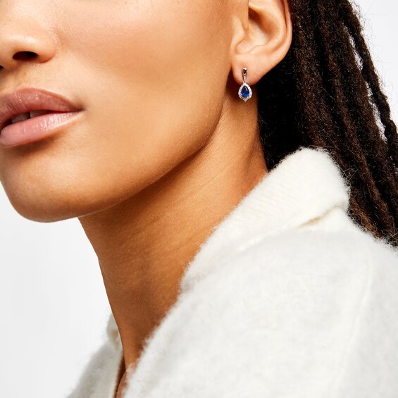 Pear-Shaped Blue Sapphire and 1/4 CT. T.w. Diamond Frame Drop Earrings in 10K White Gold