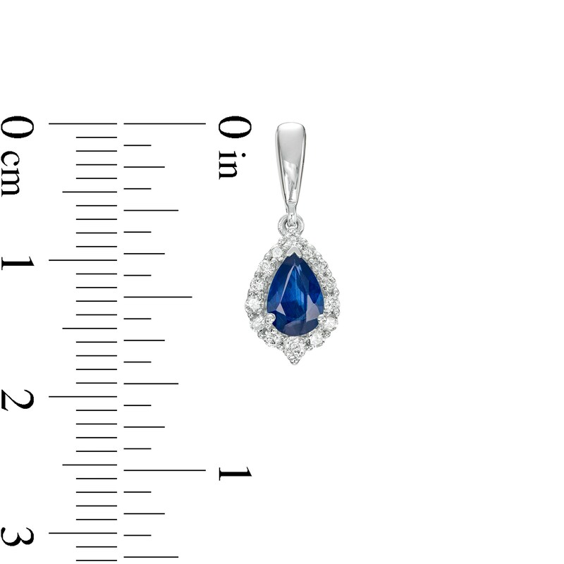 Main Image 3 of Pear-Shaped Blue Sapphire and 1/4 CT. T.W. Diamond Frame Drop Earrings in 10K White Gold