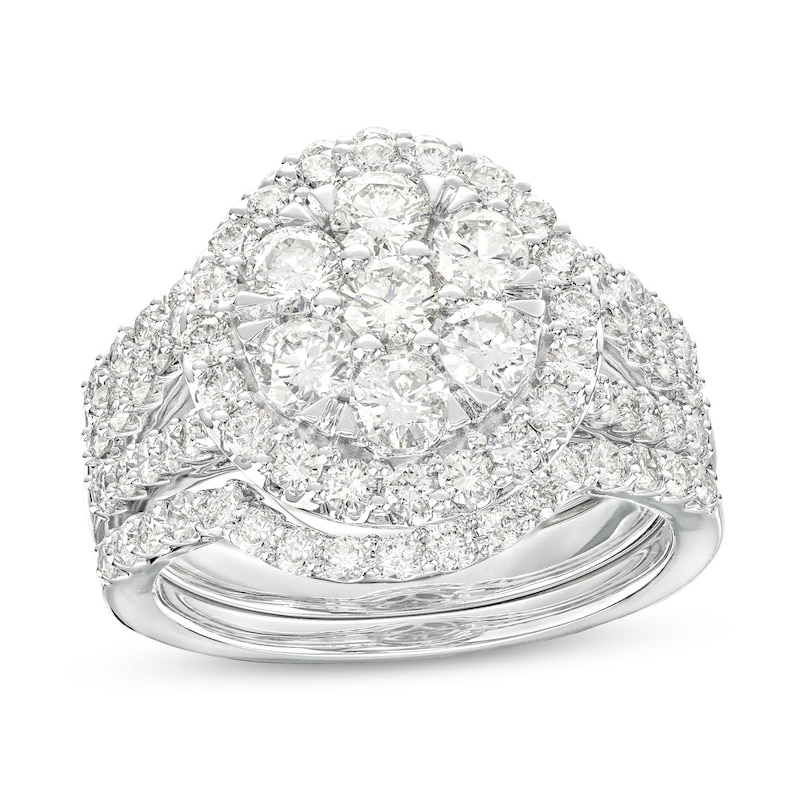 Main Image 1 of 2-1/4 CT. T.W. Multi-Diamond Frame Multi-Row Split Shank Three Piece Bridal Set in 14K White Gold