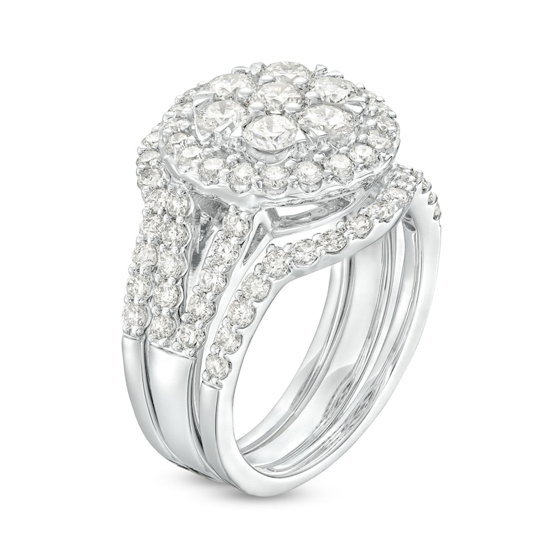 Main Image 3 of 2-1/4 CT. T.W. Multi-Diamond Frame Multi-Row Split Shank Three Piece Bridal Set in 14K White Gold