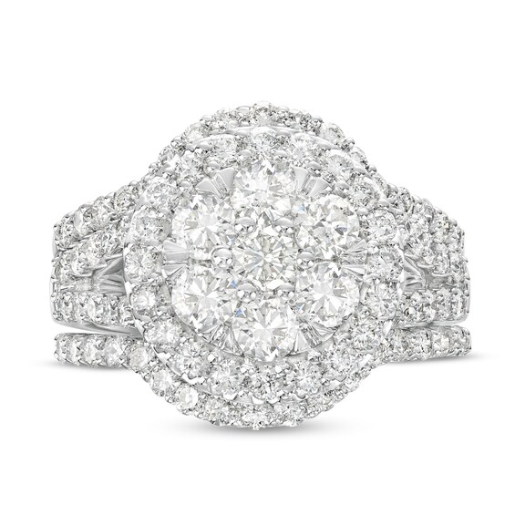 2-1/4 CT. T.w. Multi-Diamond Frame Multi-Row Split Shank Three Piece Bridal Set in 14K White Gold