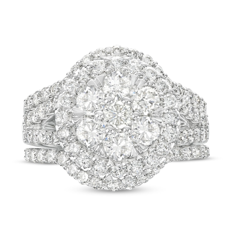 Main Image 4 of 2-1/4 CT. T.W. Multi-Diamond Frame Multi-Row Split Shank Three Piece Bridal Set in 14K White Gold