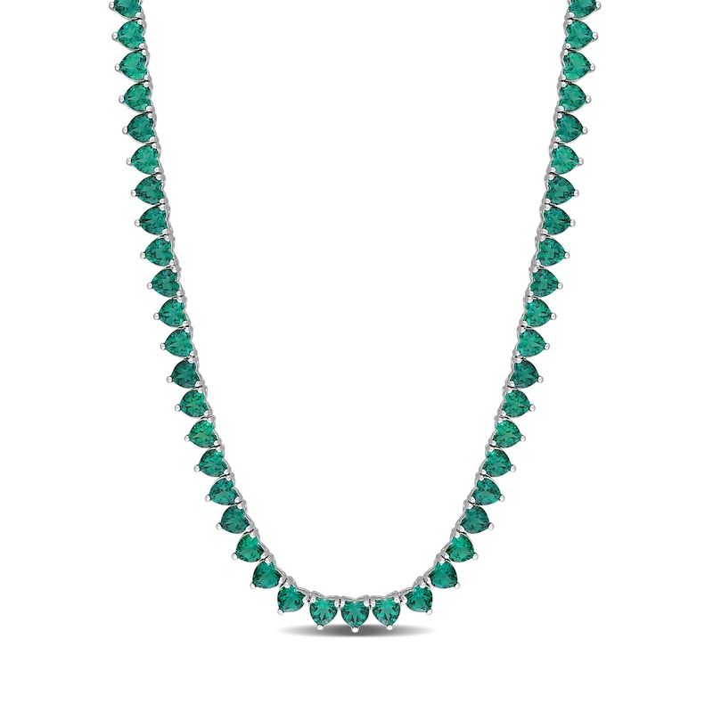 Main Image 1 of 4.0mm Heart-Shaped Lab-Created Emerald Tennis Necklace in Sterling Silver
