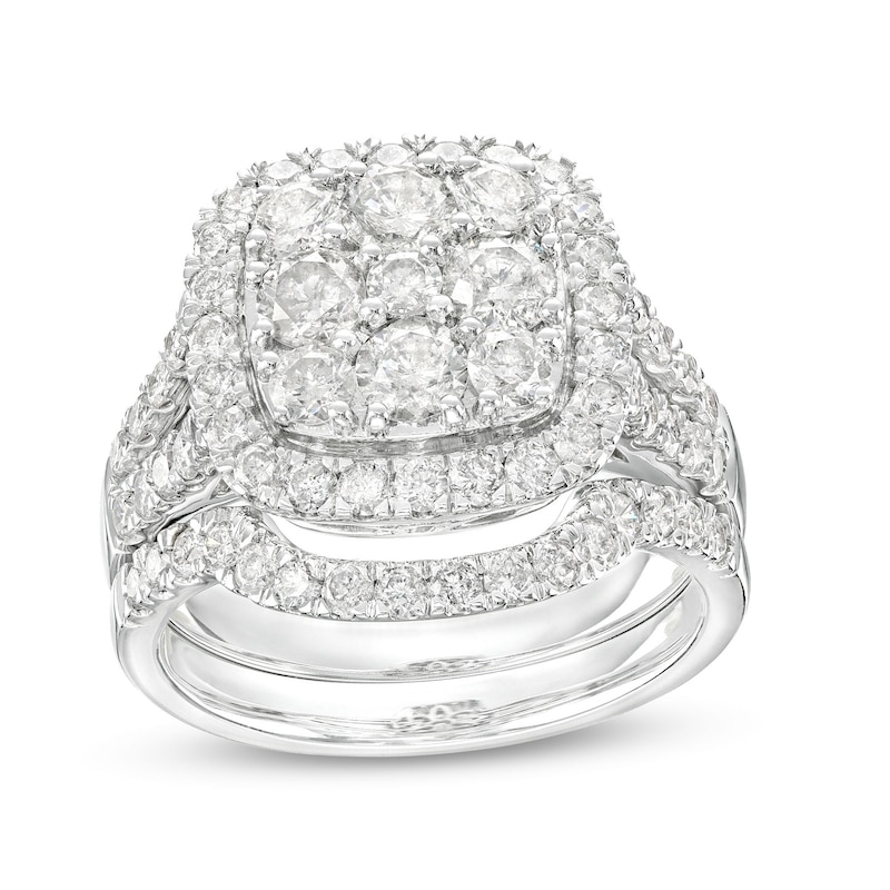 Main Image 1 of 2-1/4 CT. T.W. Cushion-Shaped Multi-Diamond Frame Split Shank Bridal Set in 14K White Gold
