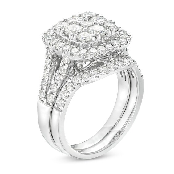 2-1/4 CT. T.w. Cushion-Shaped Multi-Diamond Frame Split Shank Bridal Set in 14K White Gold