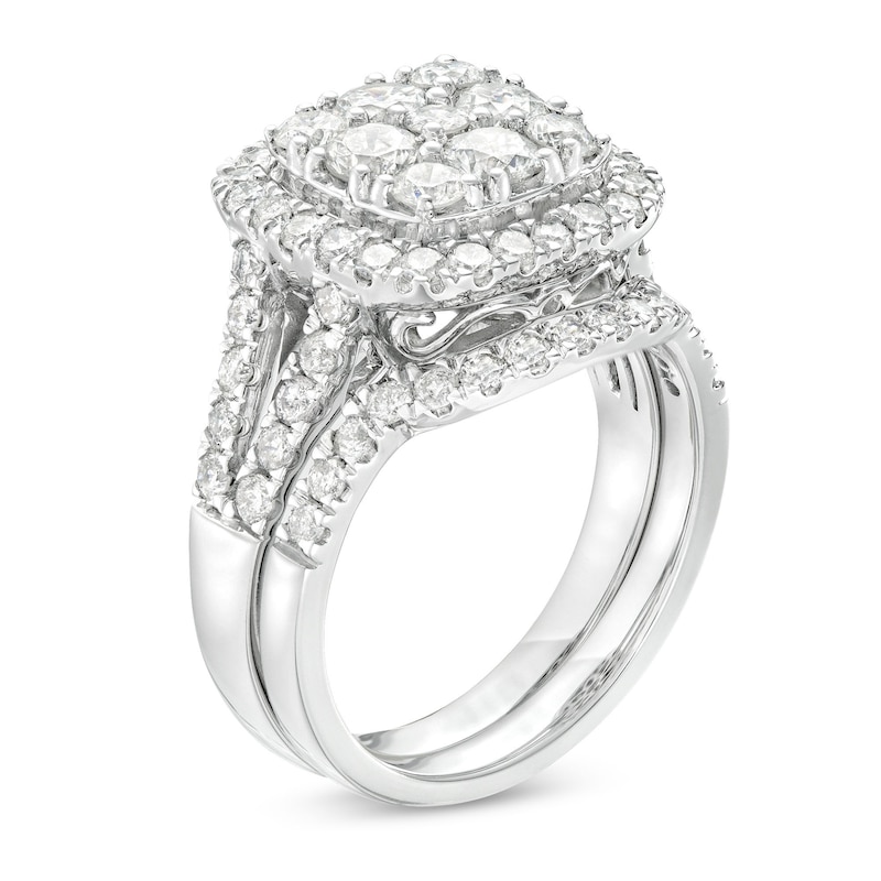 Main Image 3 of 2-1/4 CT. T.W. Cushion-Shaped Multi-Diamond Frame Split Shank Bridal Set in 14K White Gold
