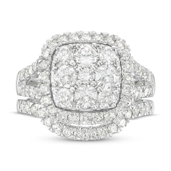 2-1/4 CT. T.w. Cushion-Shaped Multi-Diamond Frame Split Shank Bridal Set in 14K White Gold