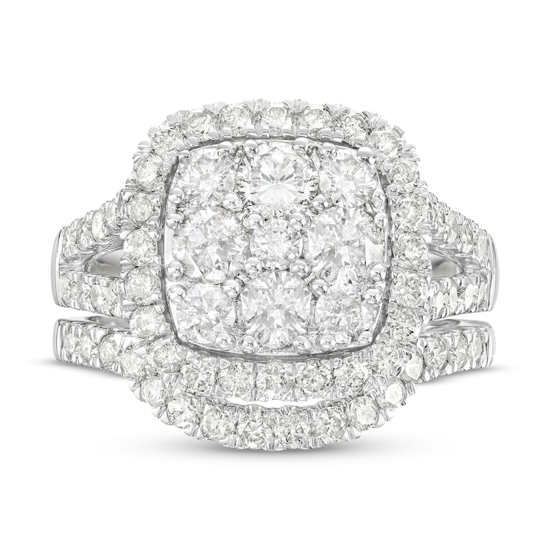 Main Image 4 of 2-1/4 CT. T.W. Cushion-Shaped Multi-Diamond Frame Split Shank Bridal Set in 14K White Gold