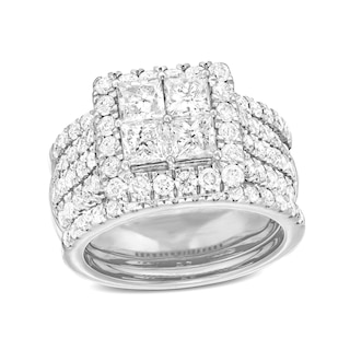 3 CT. T.W. Quad Princess-Cut Diamond Frame Multi-Row Split Shank Three Piece Bridal Set in 14K White Gold