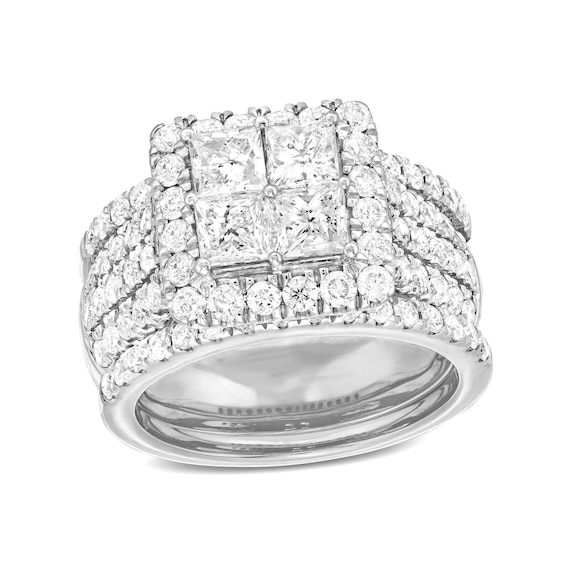 3 CT. T.w. Quad Princess-Cut Diamond Frame Multi-Row Split Shank Three Piece Bridal Set in 14K White Gold