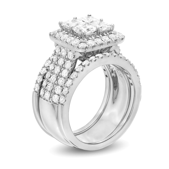 3 CT. T.w. Quad Princess-Cut Diamond Frame Multi-Row Split Shank Three Piece Bridal Set in 14K White Gold