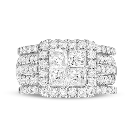 3 CT. T.w. Quad Princess-Cut Diamond Frame Multi-Row Split Shank Three Piece Bridal Set in 14K White Gold