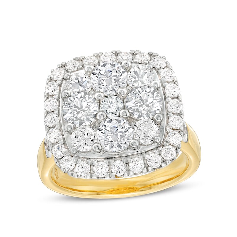 Main Image 1 of 3-1/6 CT. T.W. Cushion-Shaped Multi-Diamond Frame Engagement Ring in 14K Gold
