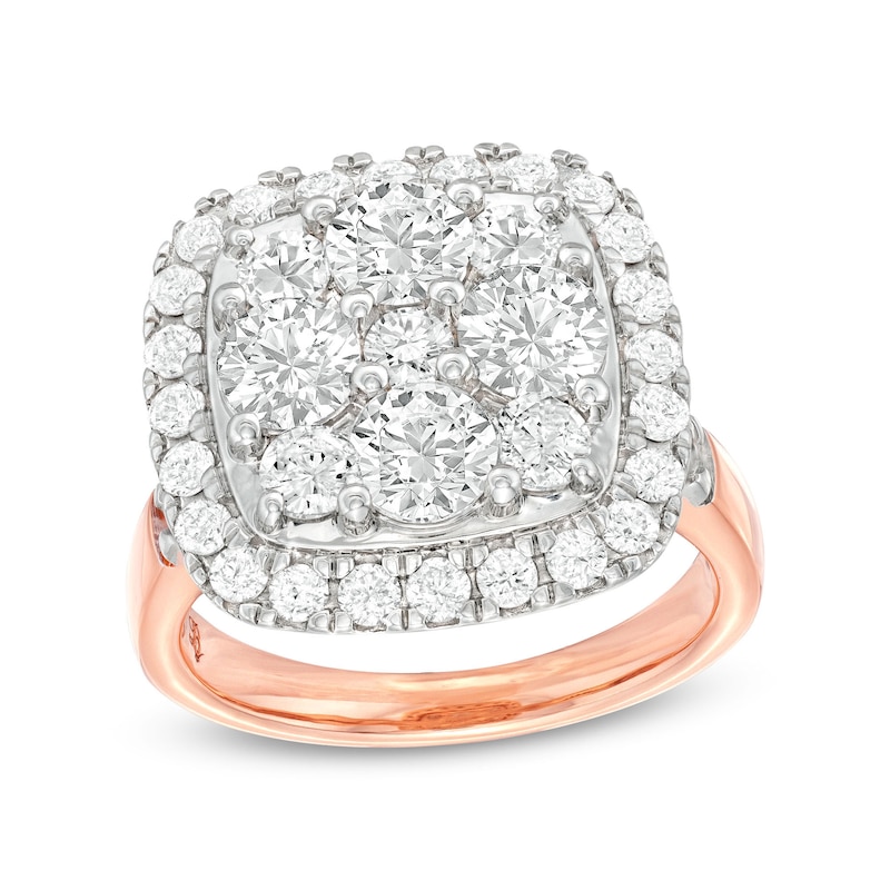 Main Image 1 of 3-1/6 CT. T.W. Cushion-Shaped Multi-Diamond Frame Engagement Ring in 14K Rose Gold