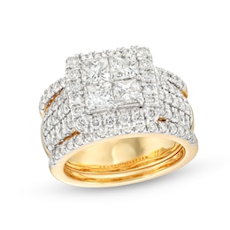3 CT. T.W. Quad Princess-Cut Diamond Frame Multi-Row Three Piece Bridal Set in 14K Gold