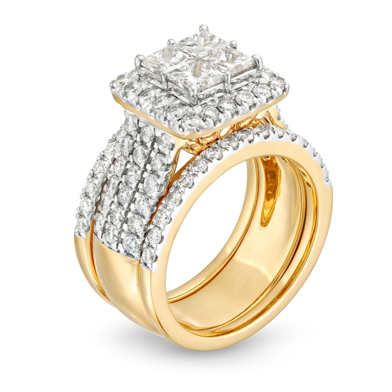 Main Image 3 of 3 CT. T.W. Quad Princess-Cut Diamond Frame Multi-Row Three Piece Bridal Set in 14K Gold
