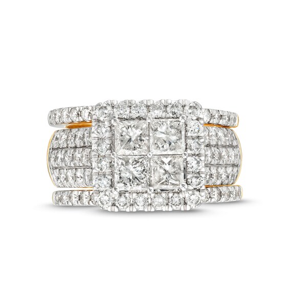 3 CT. T.w. Quad Princess-Cut Diamond Frame Multi-Row Three Piece Bridal Set in 14K Gold