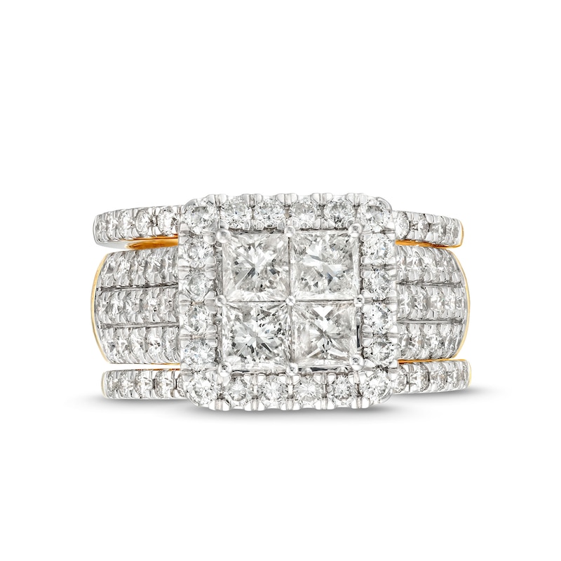 Main Image 4 of 3 CT. T.W. Quad Princess-Cut Diamond Frame Multi-Row Three Piece Bridal Set in 14K Gold