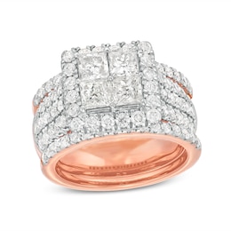 3 CT. T.W. Quad Princess-Cut Diamond Frame Multi-Row Three Piece Bridal Set in 14K Rose Gold