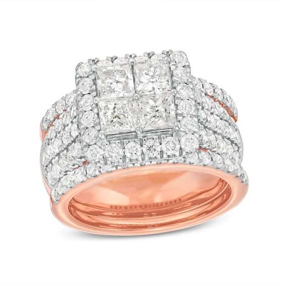 3 CT. T.w. Quad Princess-Cut Diamond Frame Multi-Row Three Piece Bridal Set in 14K Rose Gold
