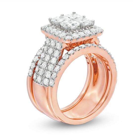 3 CT. T.w. Quad Princess-Cut Diamond Frame Multi-Row Three Piece Bridal Set in 14K Rose Gold
