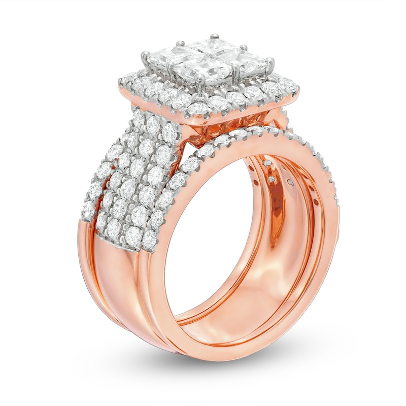 Main Image 3 of 3 CT. T.W. Quad Princess-Cut Diamond Frame Multi-Row Three Piece Bridal Set in 14K Rose Gold