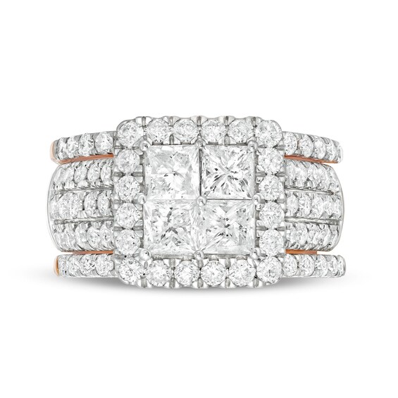 3 CT. T.w. Quad Princess-Cut Diamond Frame Multi-Row Three Piece Bridal Set in 14K Rose Gold