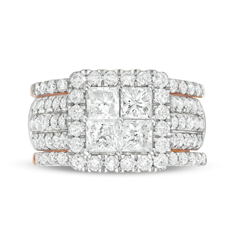 Main Image 4 of 3 CT. T.W. Quad Princess-Cut Diamond Frame Multi-Row Three Piece Bridal Set in 14K Rose Gold