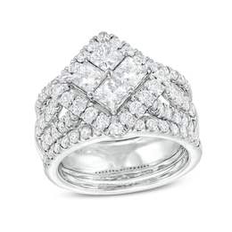 3 CT. T.W. Quad Princess-Cut Diamond Tilted Square Frame Three Piece Bridal Set in 14K White Gold