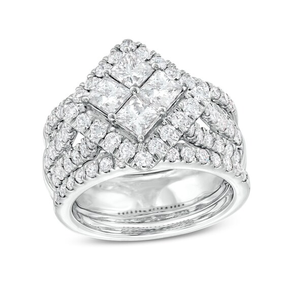 3 CT. T.w. Quad Princess-Cut Diamond Tilted Square Frame Three Piece Bridal Set in 14K White Gold