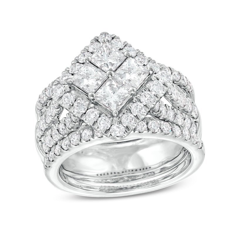 Main Image 1 of 3 CT. T.W. Quad Princess-Cut Diamond Tilted Square Frame Three Piece Bridal Set in 14K White Gold