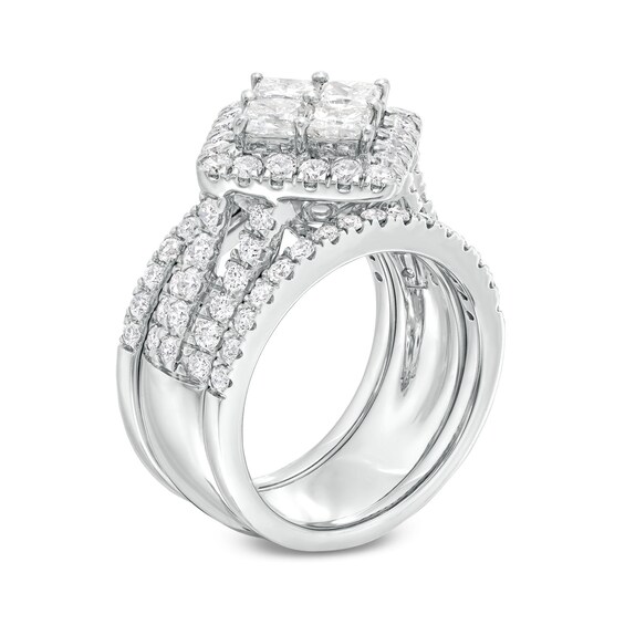 3 CT. T.w. Quad Princess-Cut Diamond Tilted Square Frame Three Piece Bridal Set in 14K White Gold