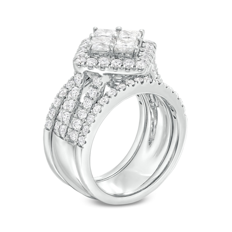 Main Image 3 of 3 CT. T.W. Quad Princess-Cut Diamond Tilted Square Frame Three Piece Bridal Set in 14K White Gold