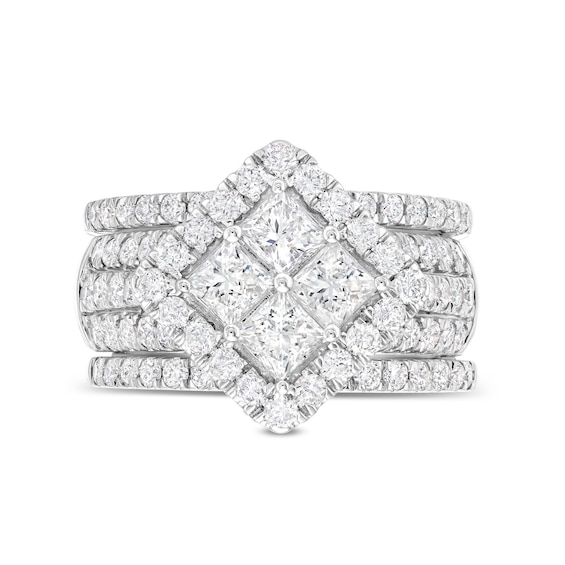3 CT. T.w. Quad Princess-Cut Diamond Tilted Square Frame Three Piece Bridal Set in 14K White Gold