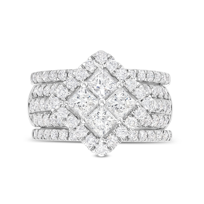 Main Image 4 of 3 CT. T.W. Quad Princess-Cut Diamond Tilted Square Frame Three Piece Bridal Set in 14K White Gold