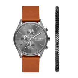 Men's Skagen Holst Gunmetal Grey IP Chronograph Leather Strap Watch and Mesh Chain Bracelet Box Set (Model: SKW1154SET)